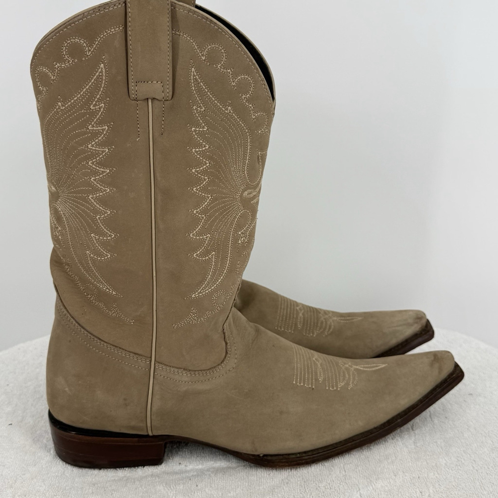 El General Men’s Cowboy Boots Pointed Toe Beige Embroidered Size 9